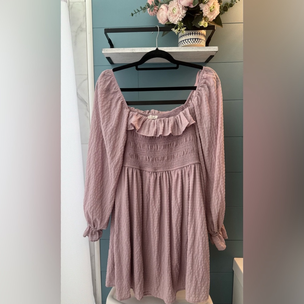 Blu Pepper Mauve Smocked Babydoll Dress | Long Sleeve Boho Peasant | Size L